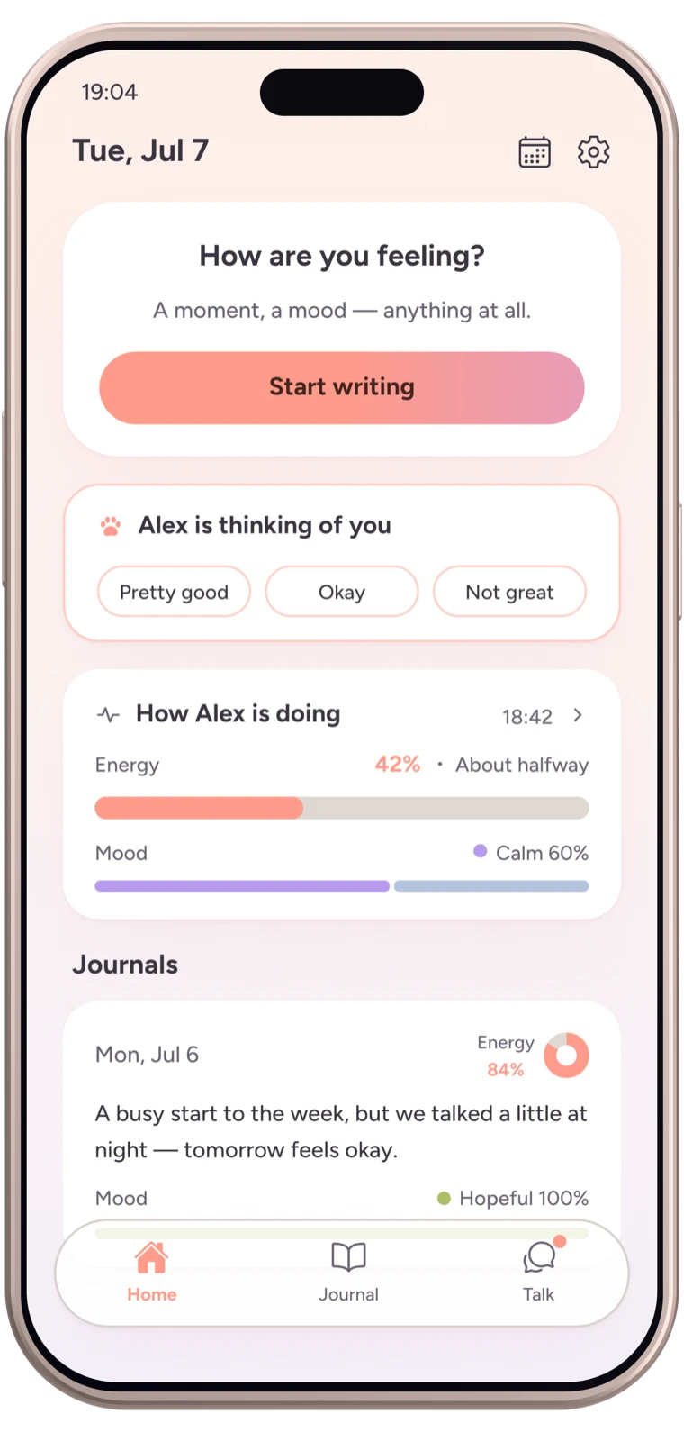 The Emopi home screen with a writing prompt card, a care ping, and the partner's status