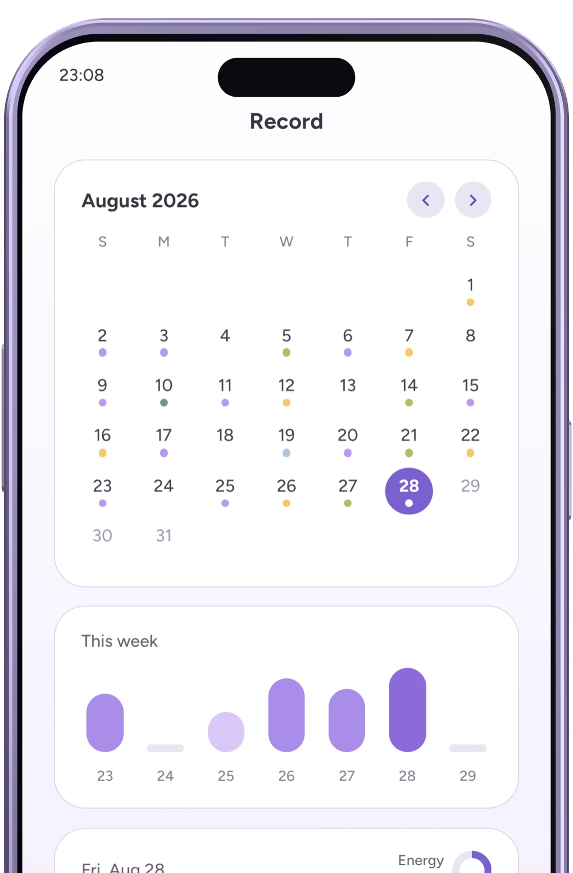 The Emopi Diary records screen with calendar mood dots and a weekly energy chart