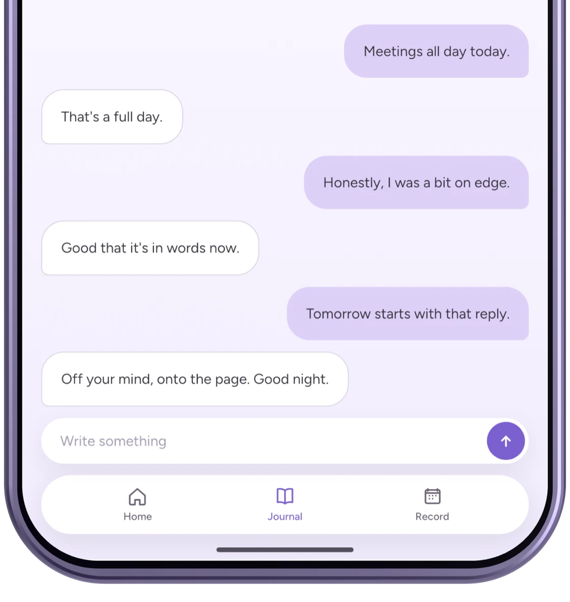 The Emopi Diary writing screen with three notes about meetings, feeling on edge, and a reply to send tomorrow