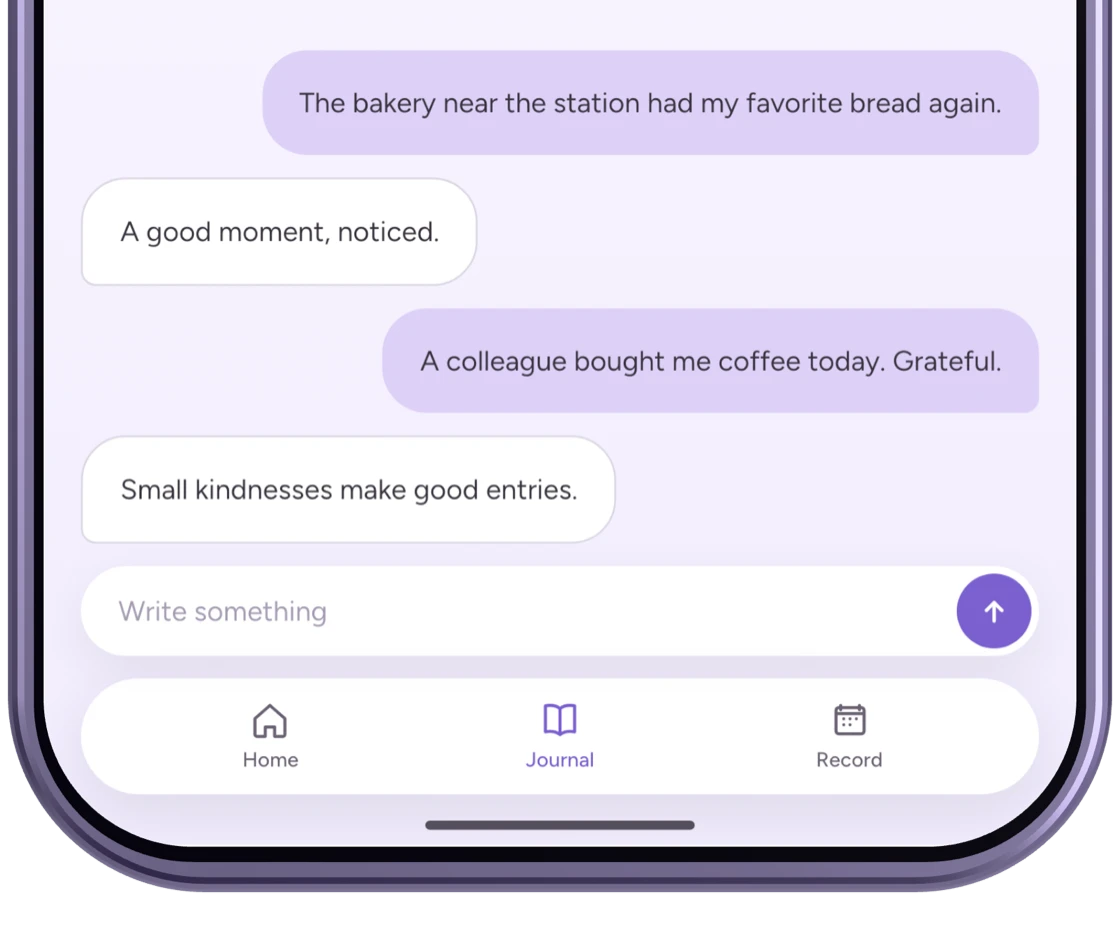 The Emopi Diary writing screen, with the AI receiving notes about the day's good moments
