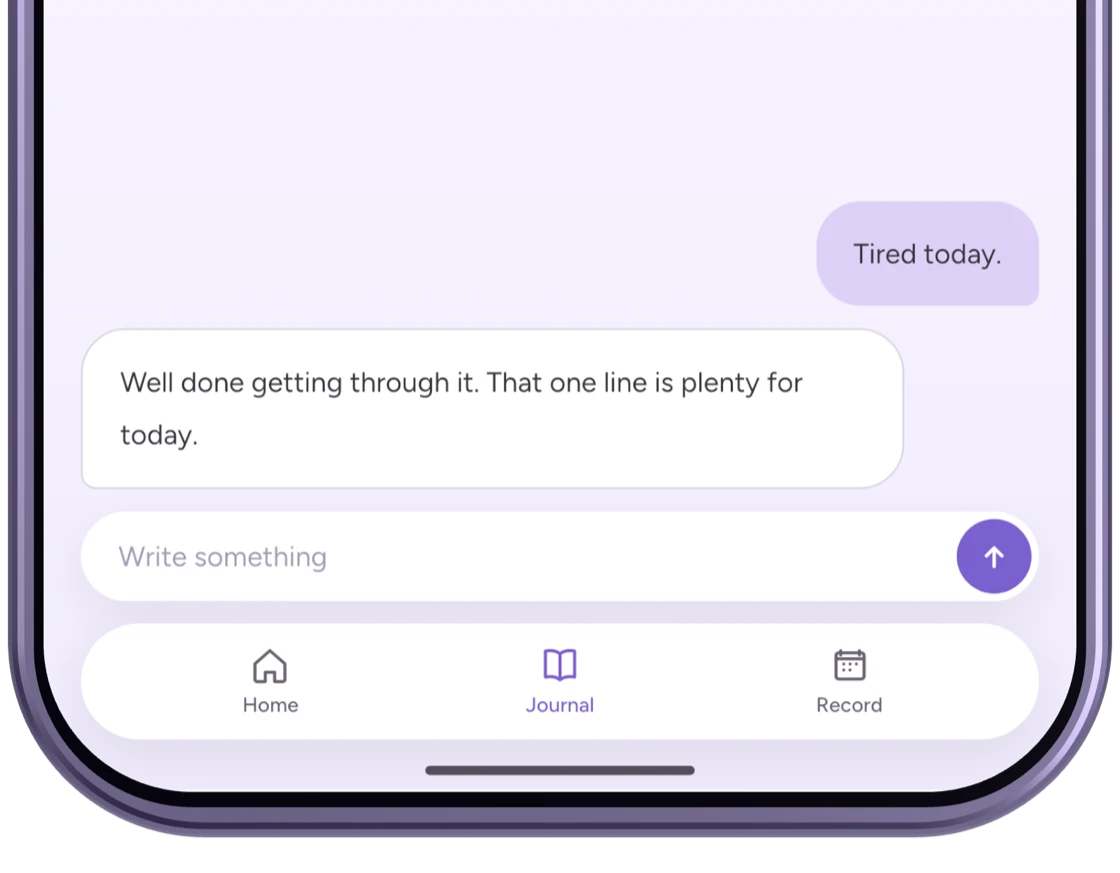 The Emopi Diary writing screen with a single tired-day note and an AI reply