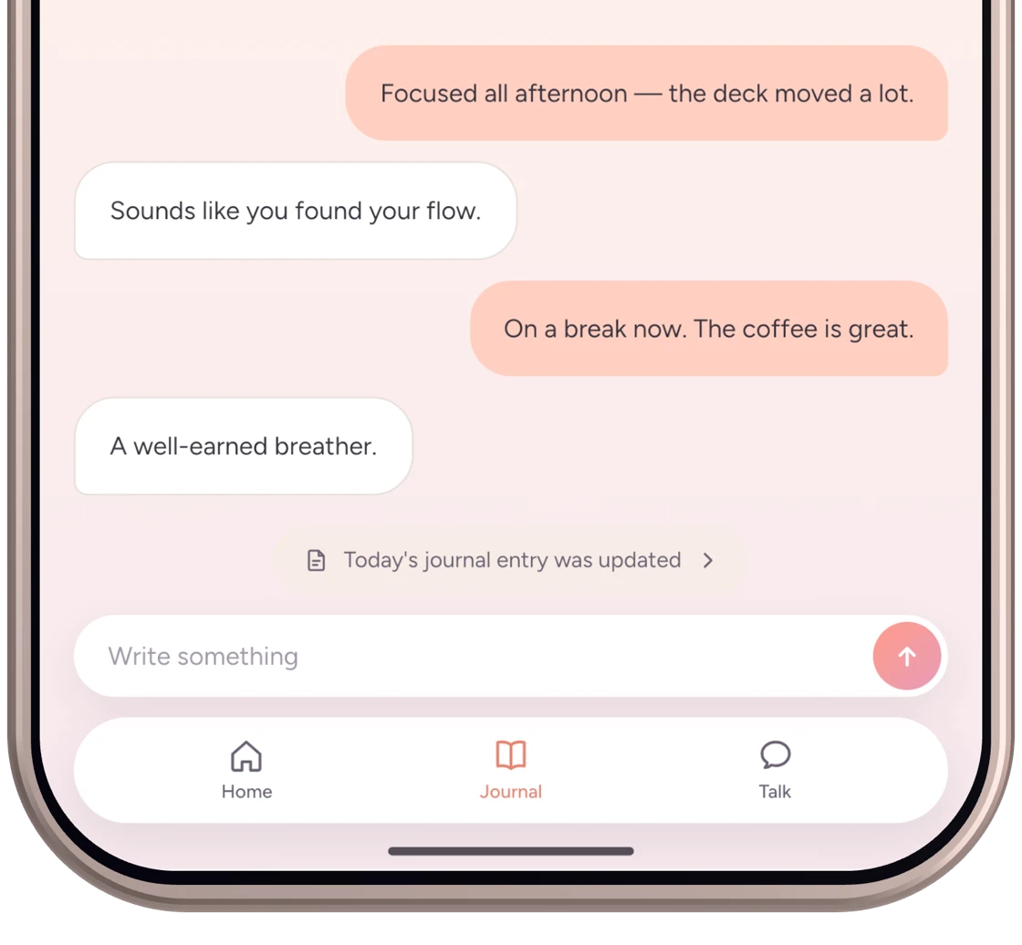 The Emopi journal screen, with your own notes and the AI's replies