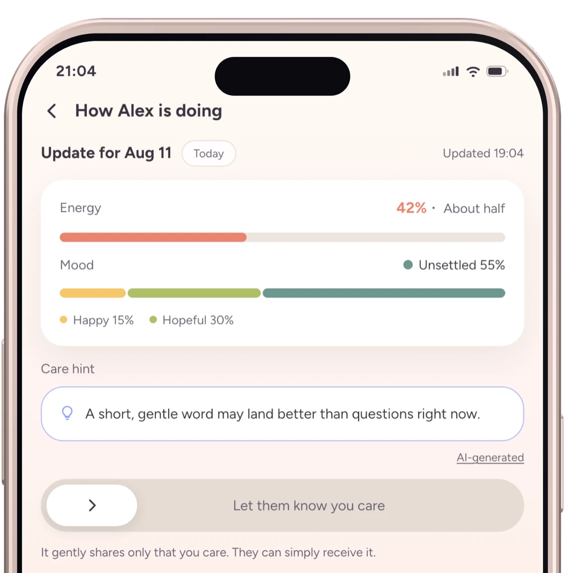 The Emopi status screen with mood, energy, a care hint, and the “Let them know you care” slider below