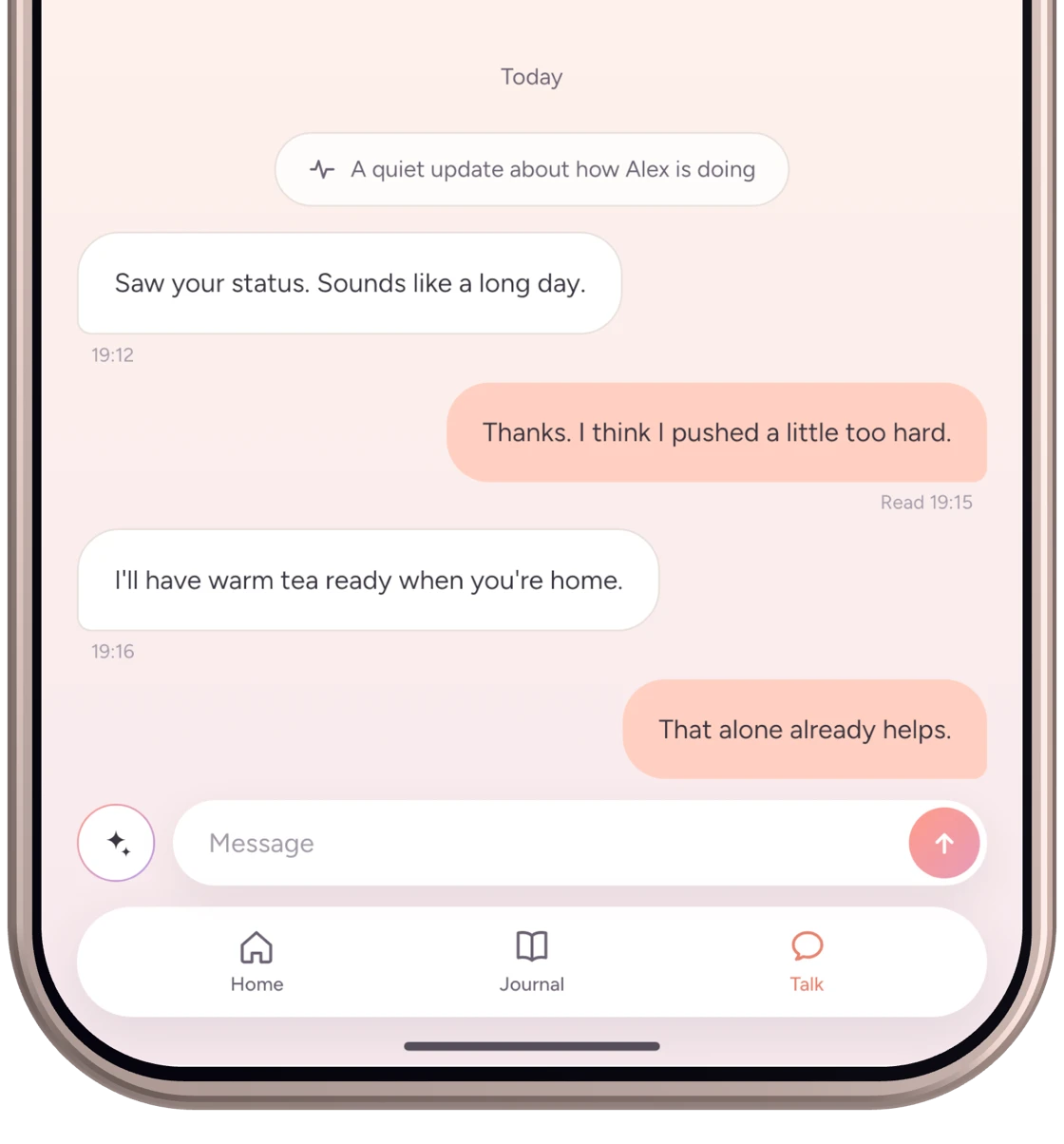 The Emopi talk screen, where a short exchange about feelings follows a shared status