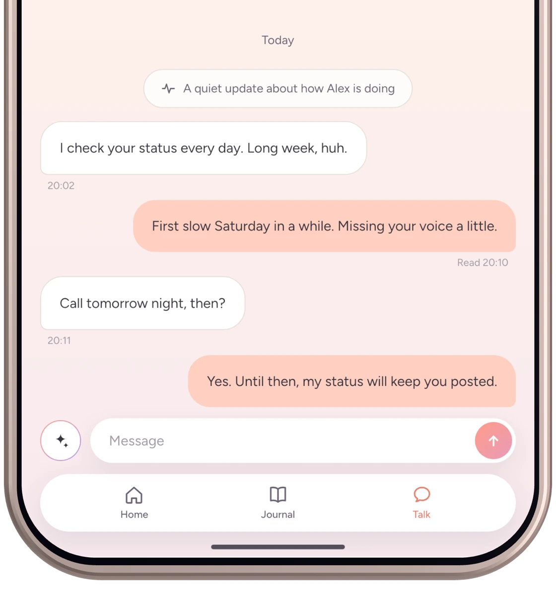 The Emopi talk screen, where a long-distance pair exchanges words over a shared status