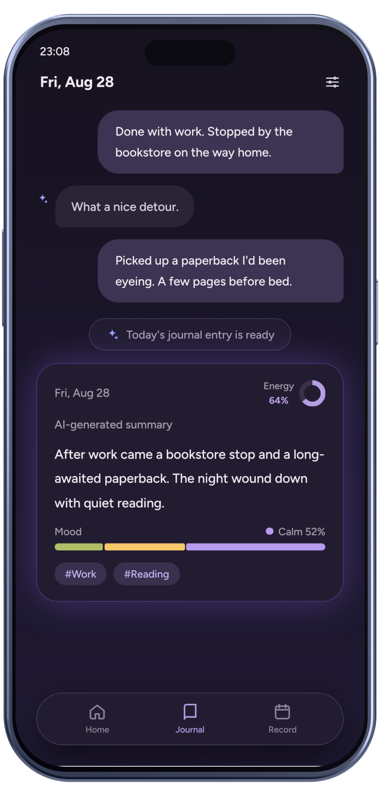 Emopi Diary screen: notes gathered into one journal entry