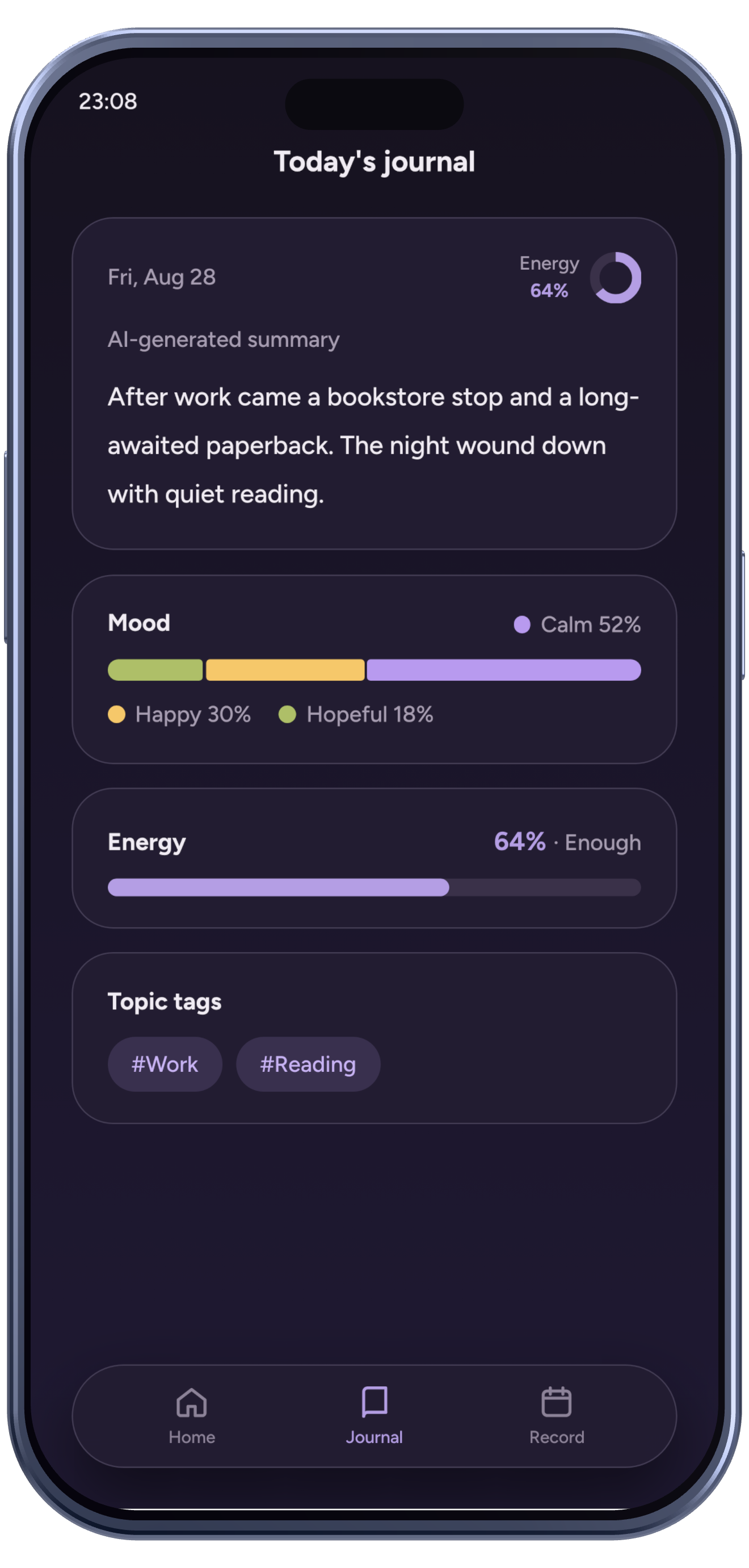 Emopi Diary screen: mood and energy shown as colors and charts