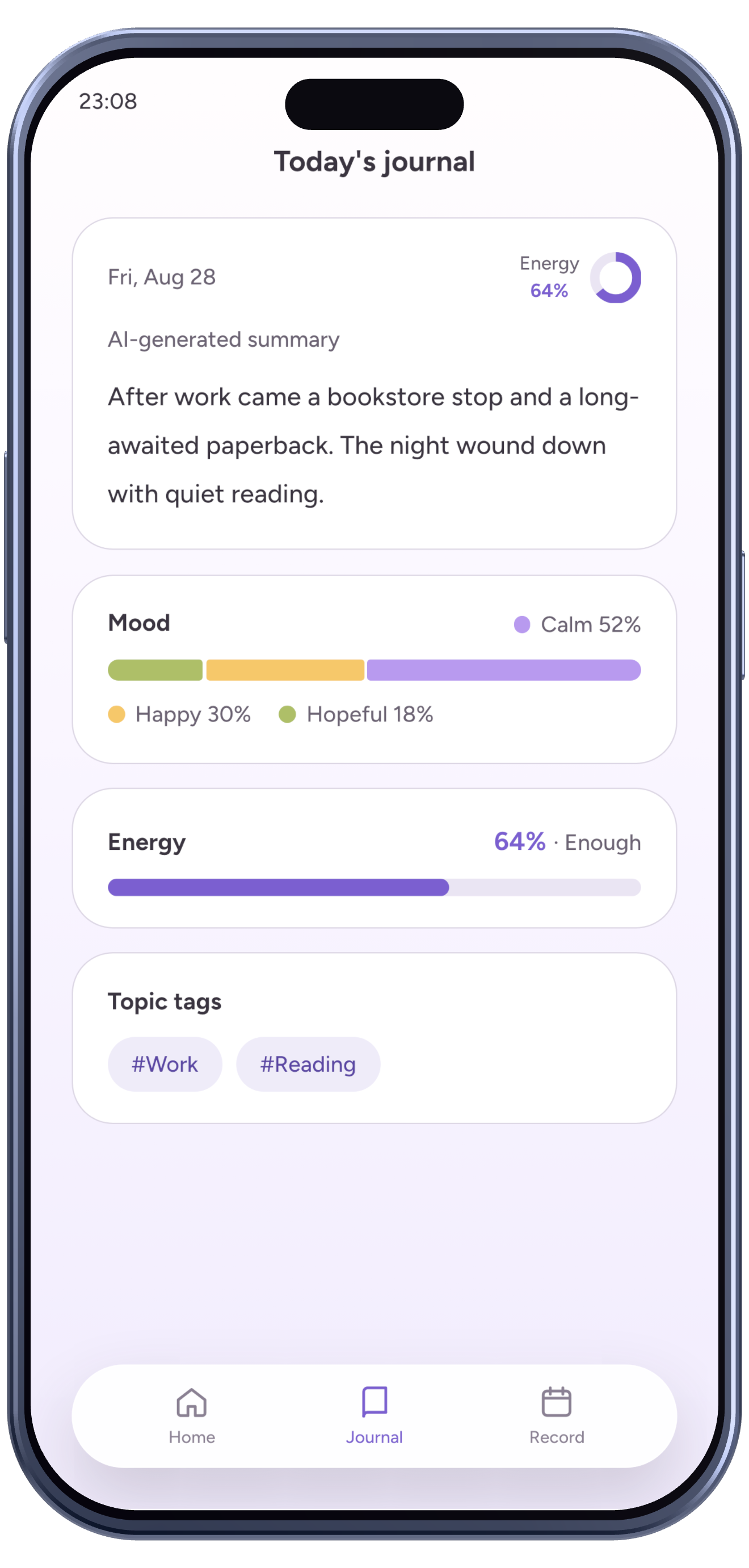 Emopi Diary screen: mood and energy visualized as colors and charts