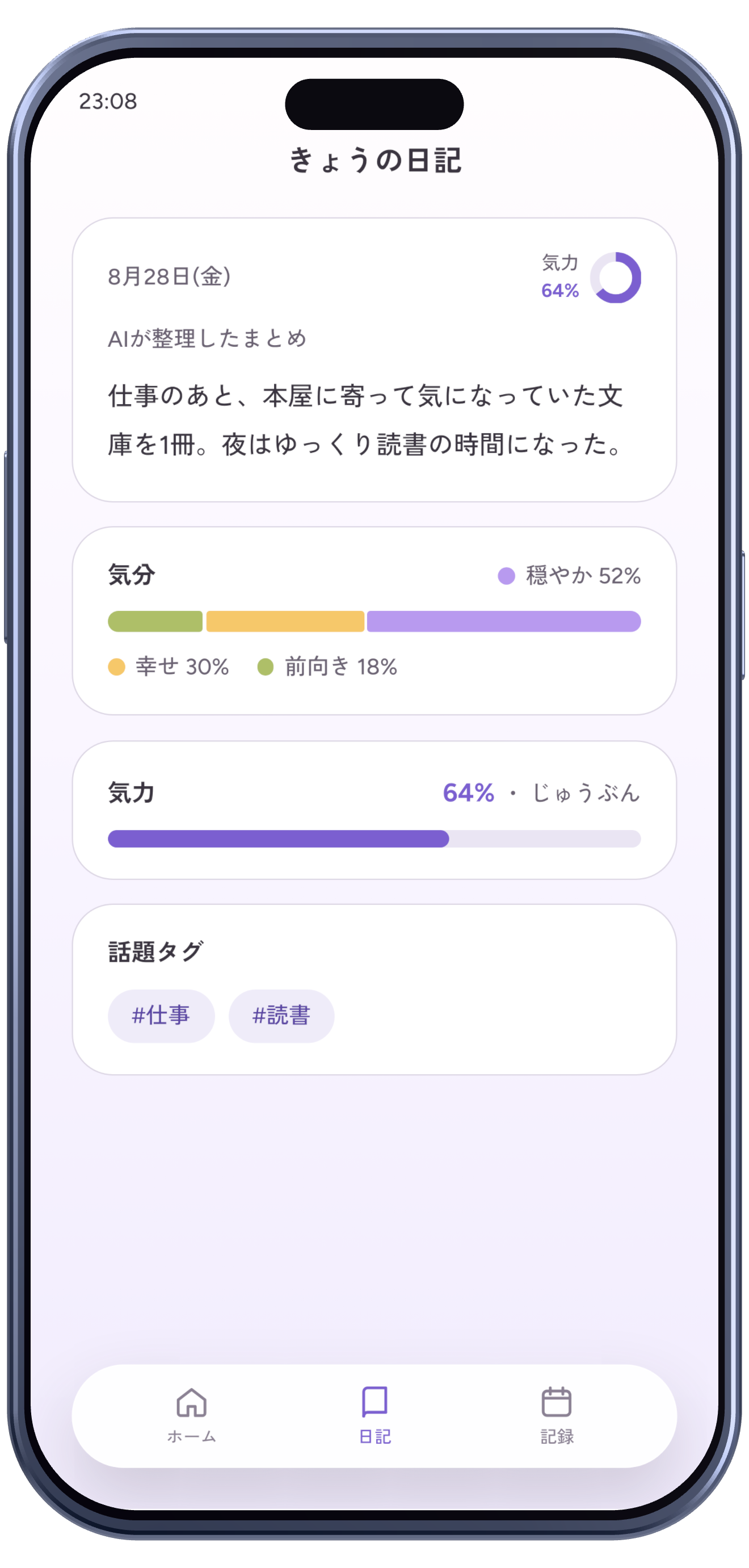 Emopi Diary の画面イメージ。気分と気力が色やグラフで可視化されている