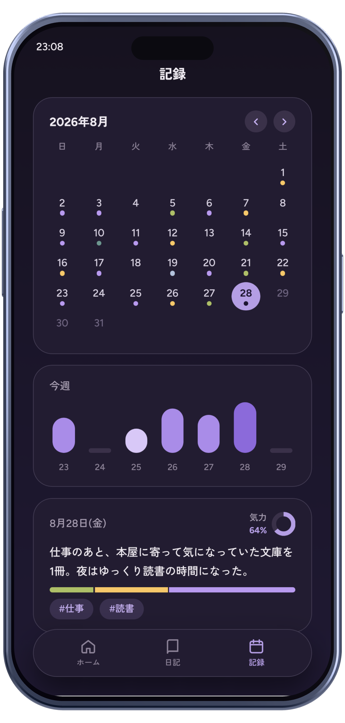 Emopi Diary の画面イメージ。気分の色で埋まっていくカレンダー