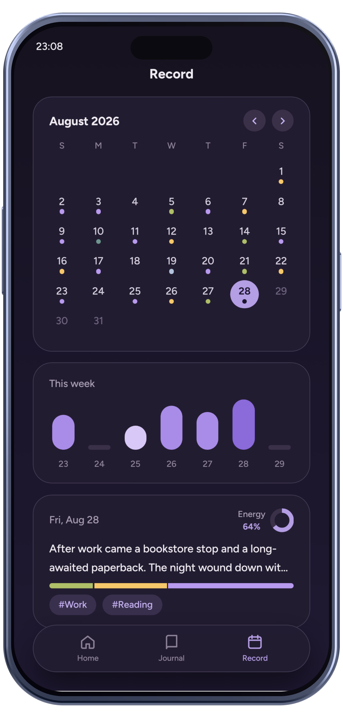 Emopi Diary screen: a calendar colored by each day’s mood