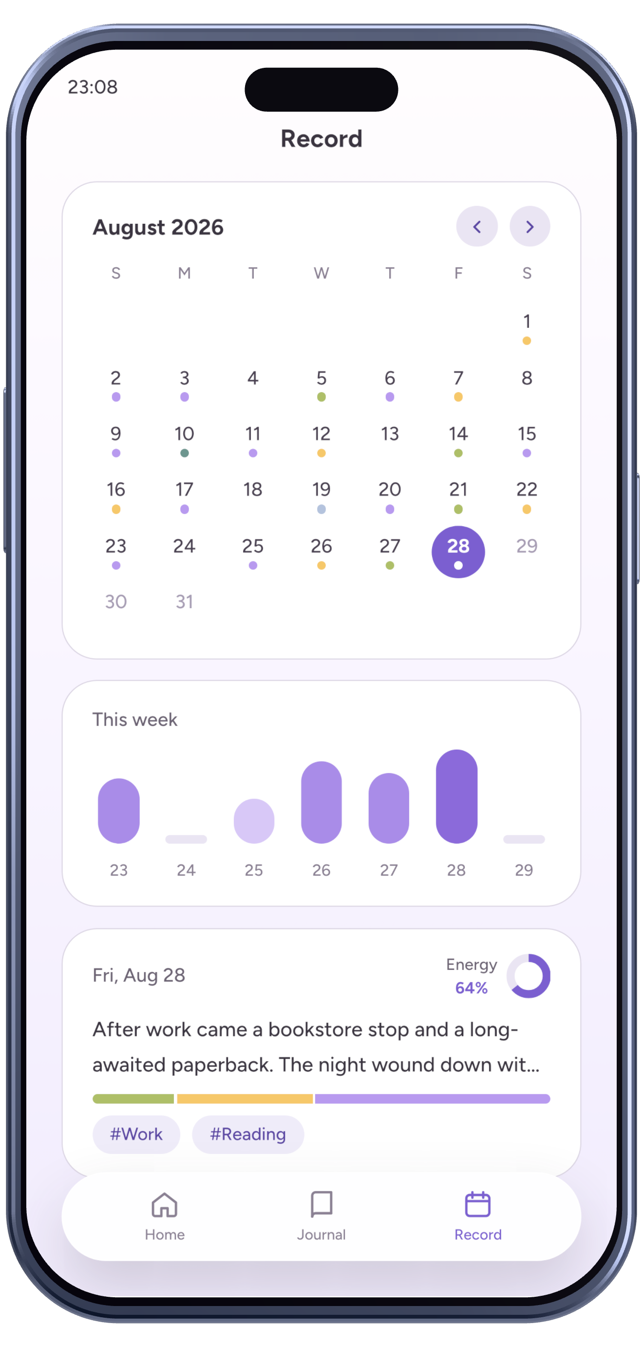 Emopi Diary screen: a calendar colored by each day’s mood