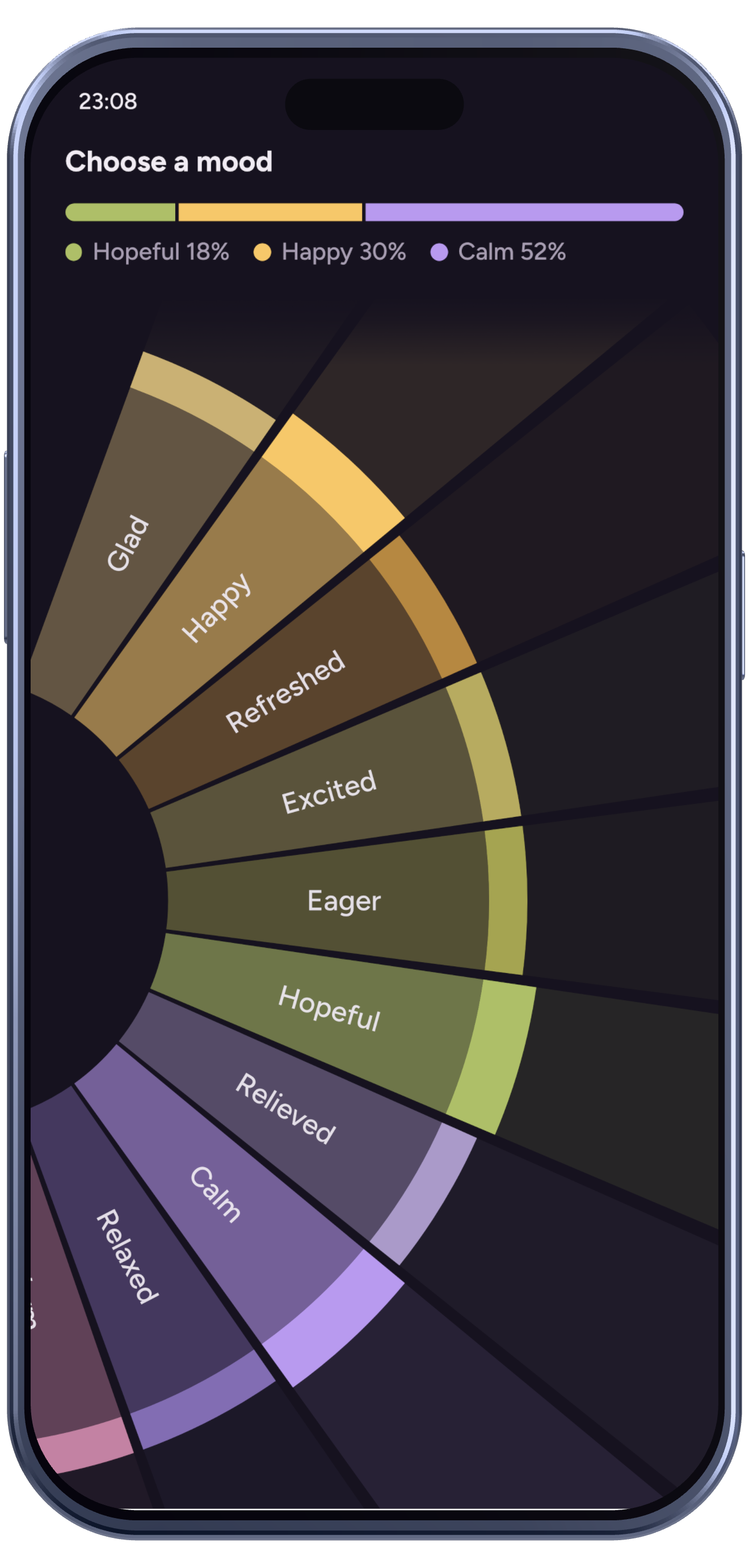 Emopi Diary screen: a color wheel of 23 feeling words