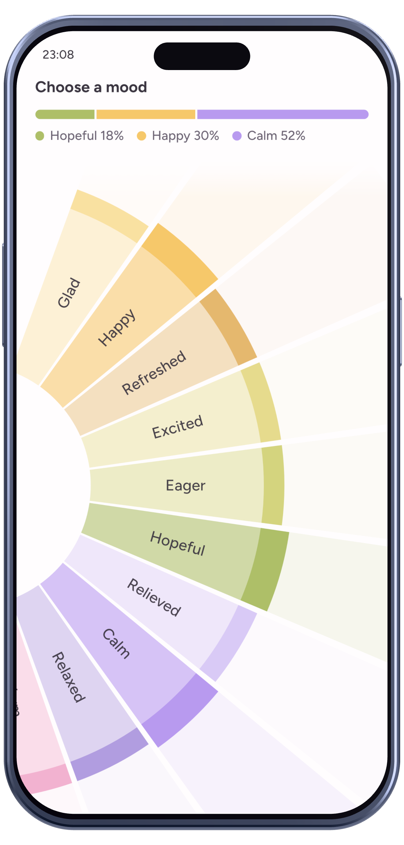 Emopi Diary screen: a color wheel of 23 feeling words
