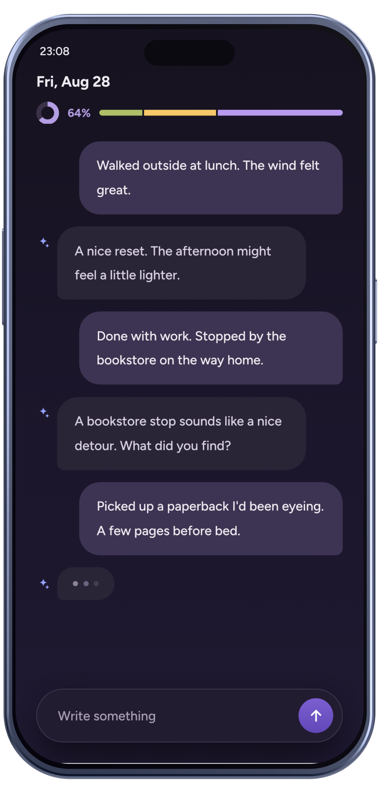 Emopi Diary screen: writing short notes with AI replies