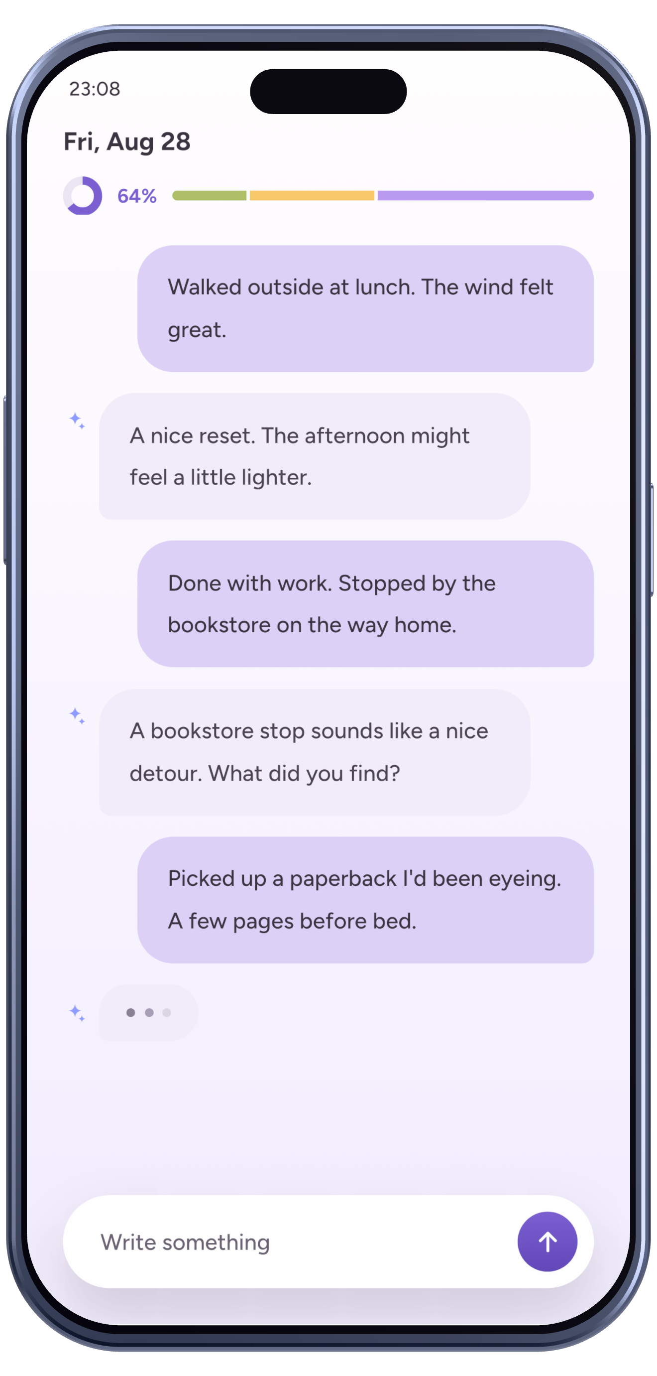 Emopi Diary screen: writing short notes with AI replies