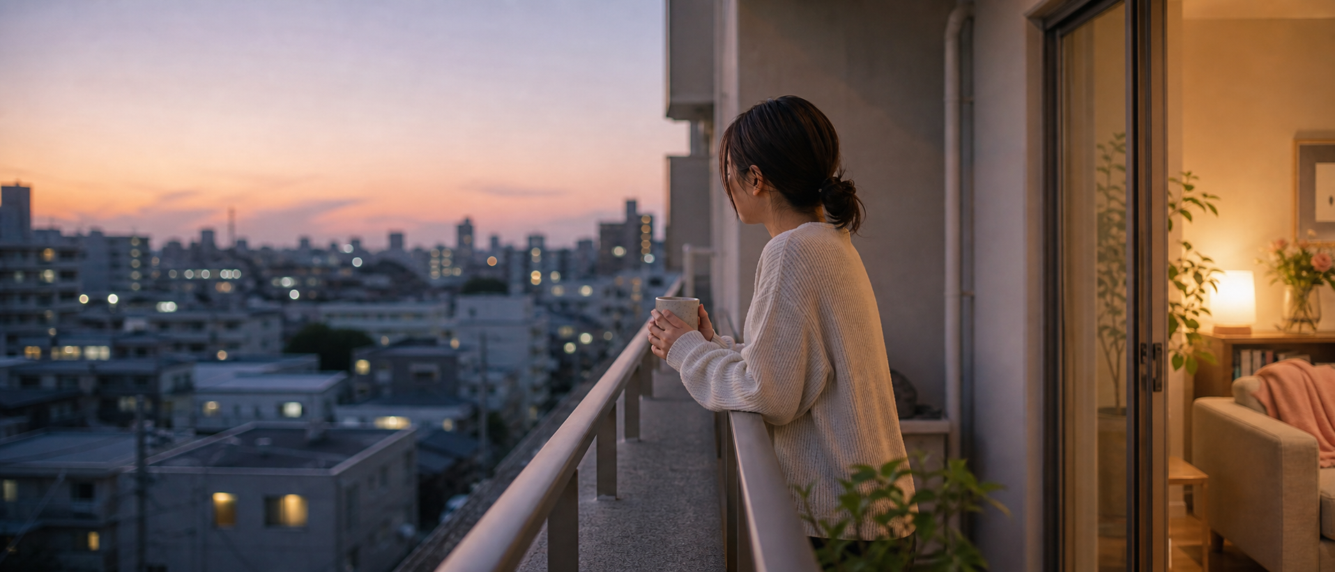 夕暮れのベランダで、あたたかい飲みものを手に街を眺めるひととき