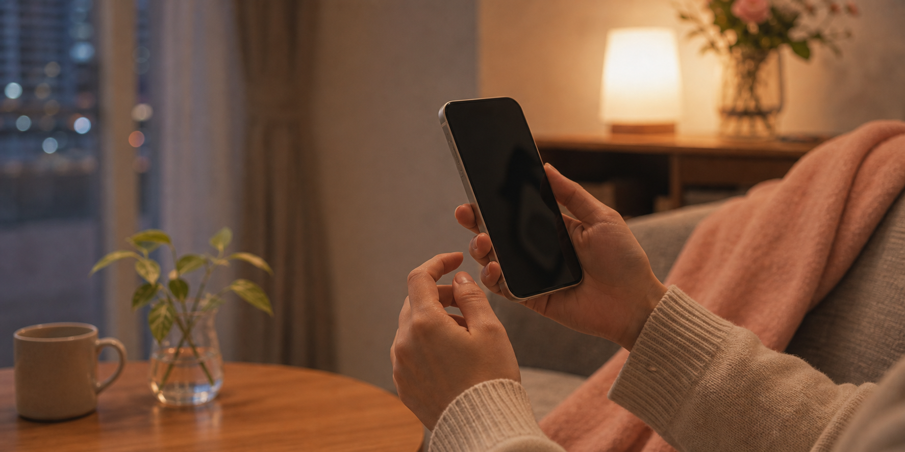 Hands holding a phone at night, paused mid-message