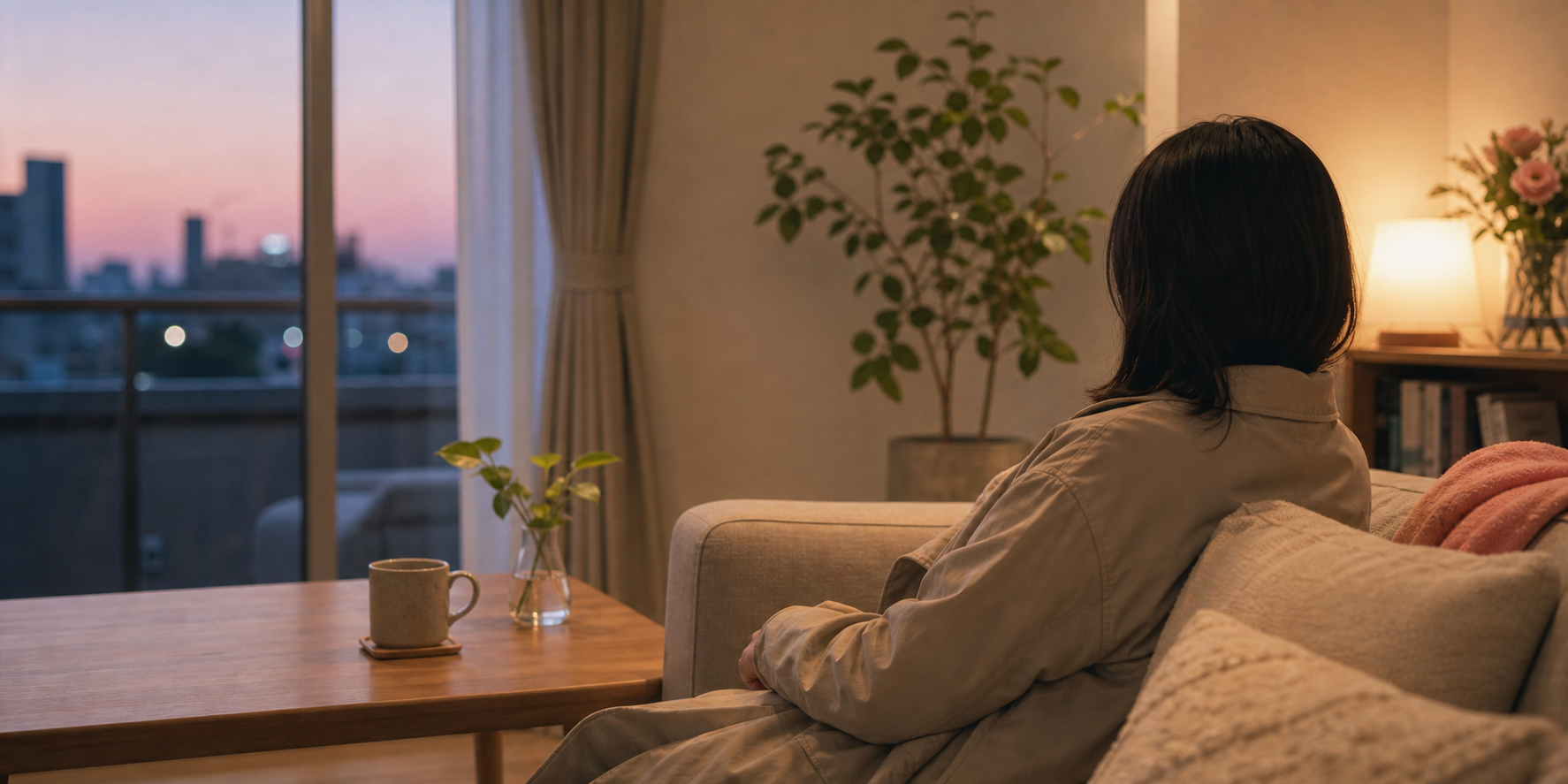 Someone sinking into the sofa in their coat at dusk, taking a breath