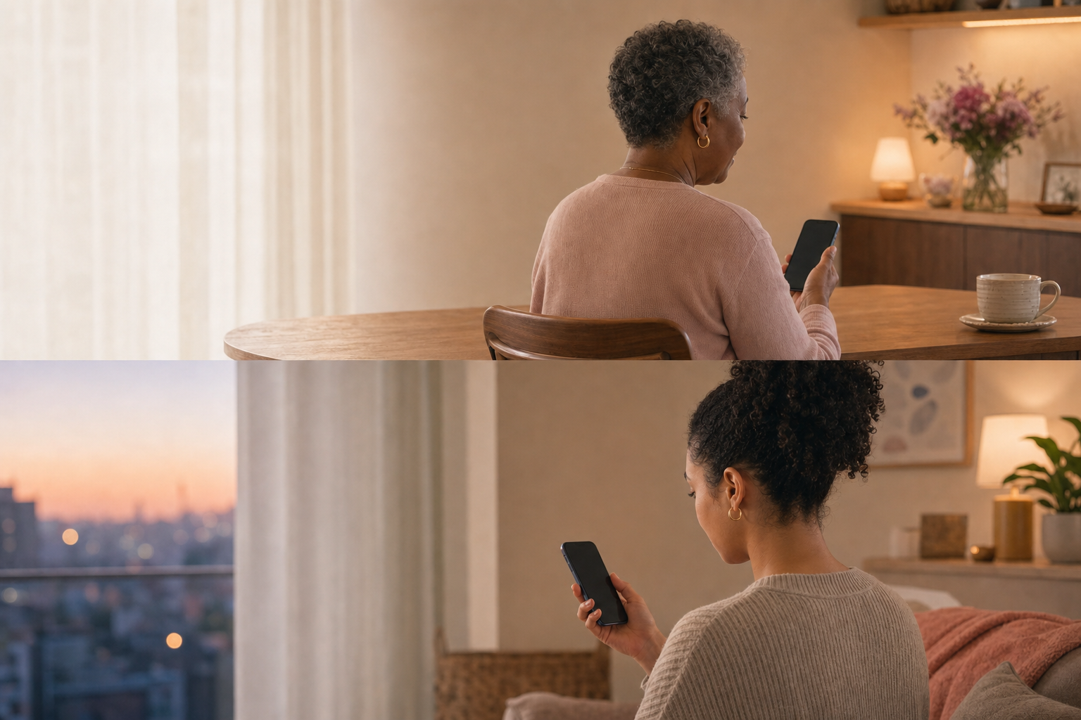In two separate homes at dusk, a parent and adult child each quietly check a phone
