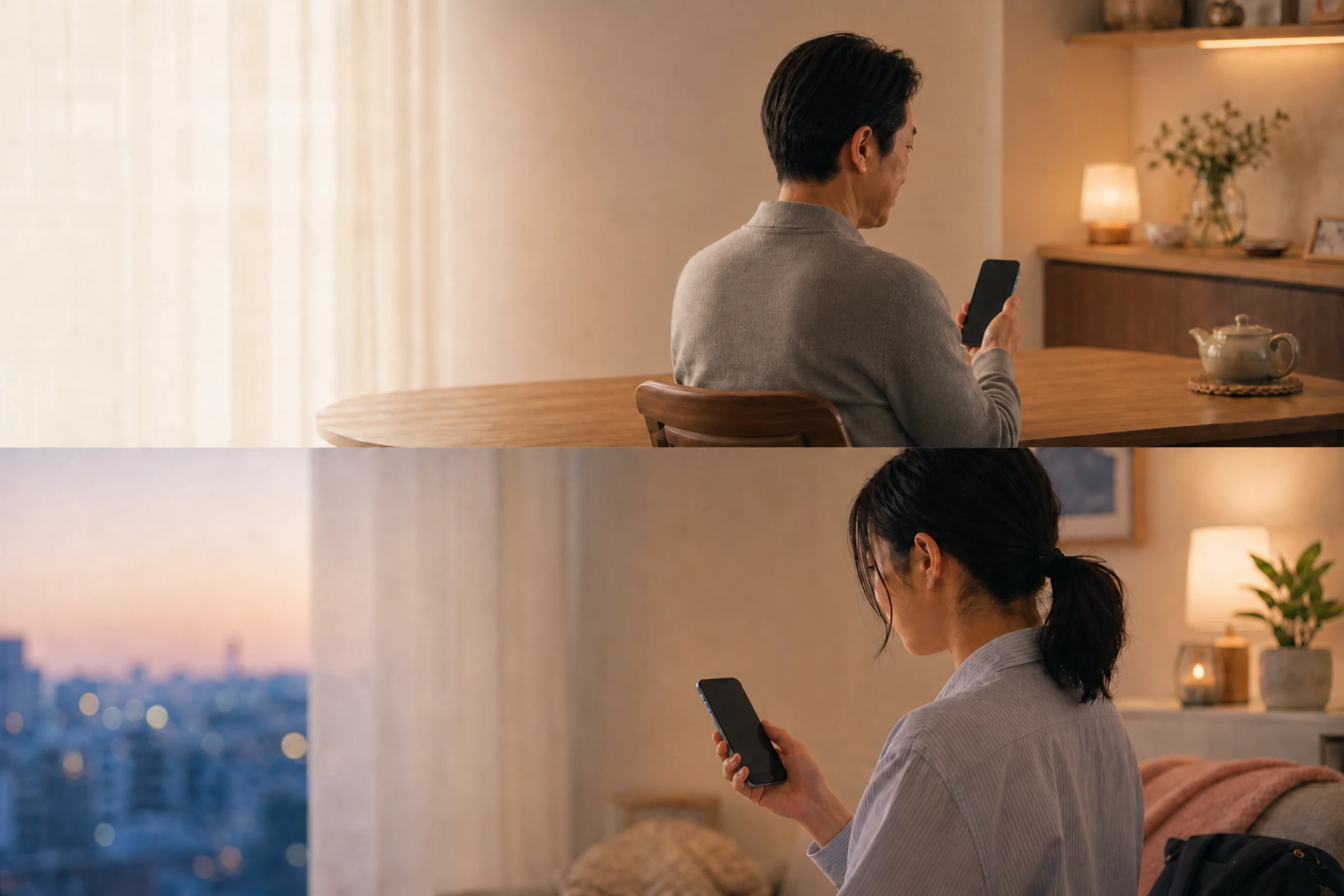夕暮れ、それぞれの部屋でスマホを見る親世代と社会人になった子