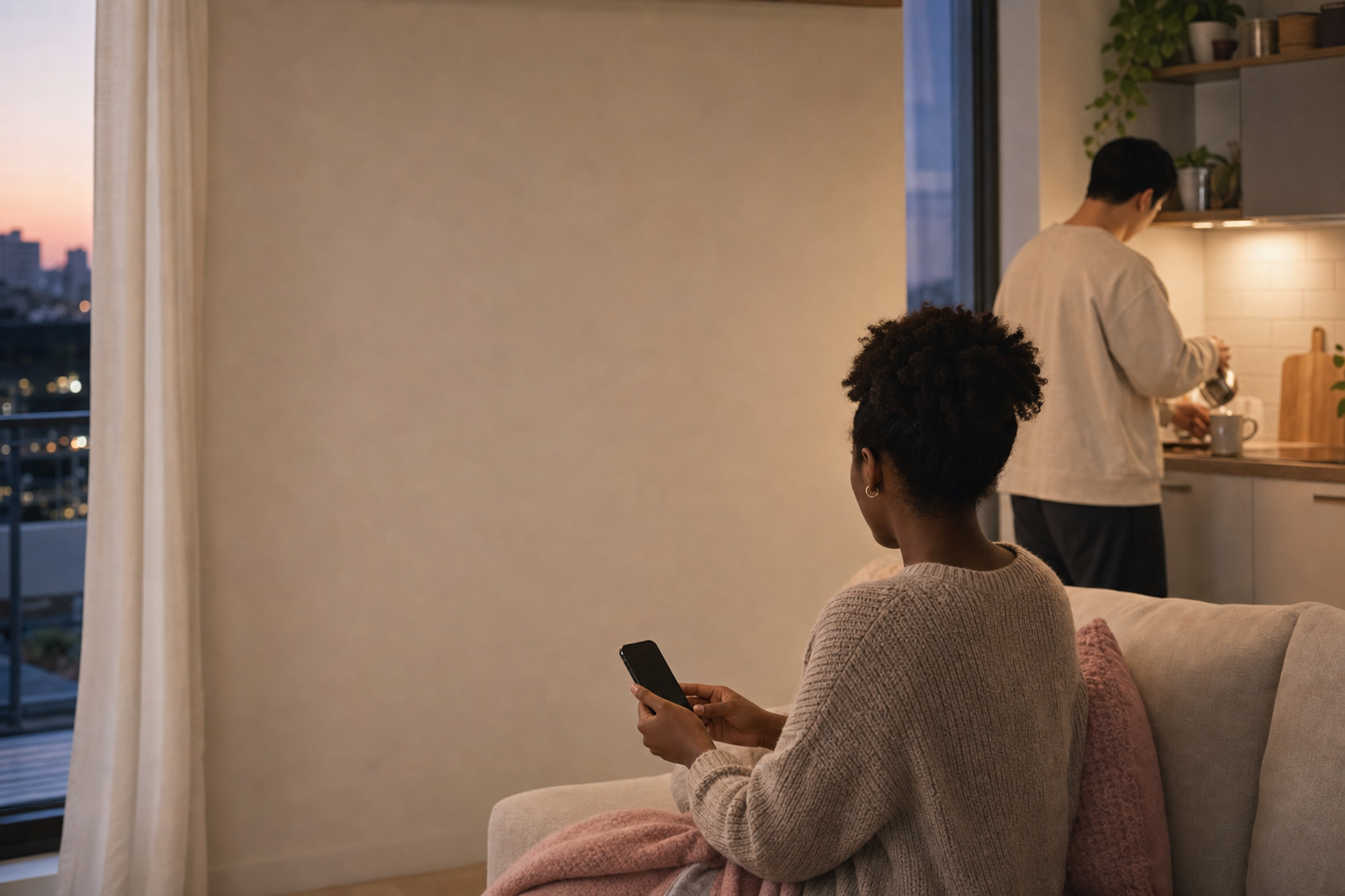 At dusk, one partner checks a phone from the sofa while the other prepares tea in the kitchen