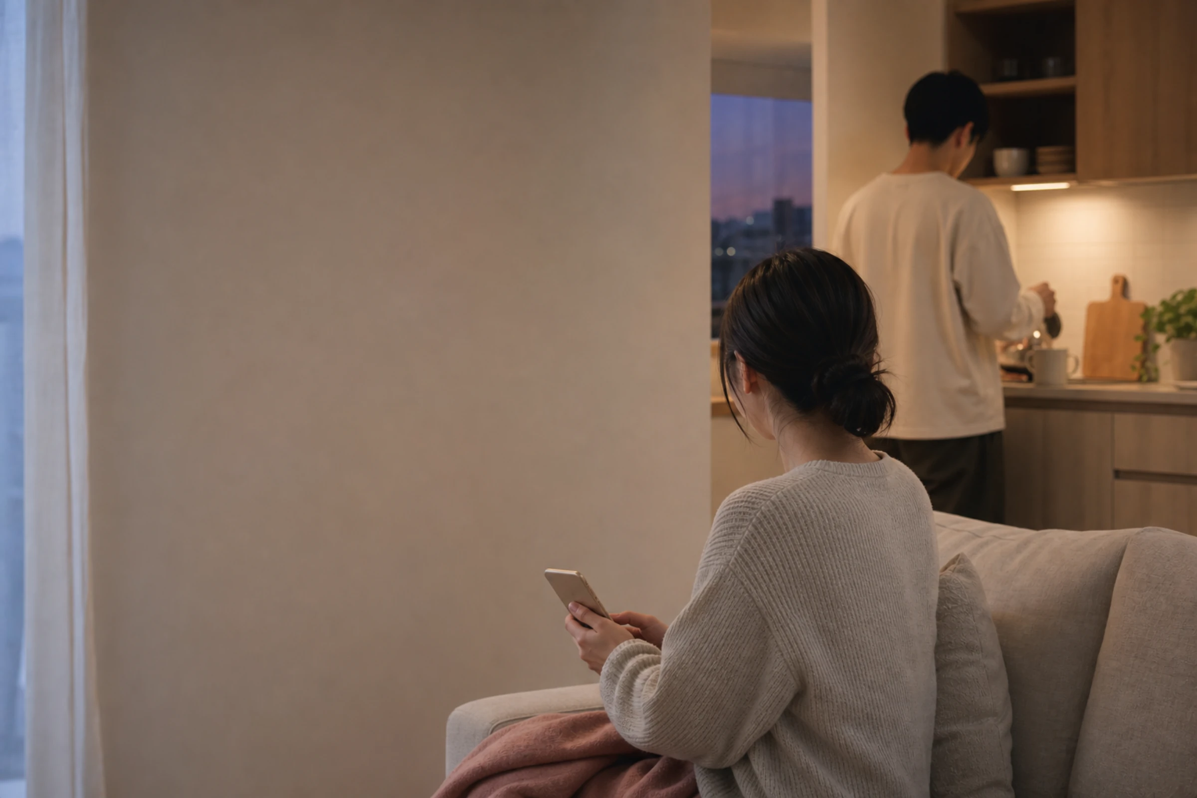夕暮れのリビングで、ソファでスマホを見る人と、キッチンに立つパートナー