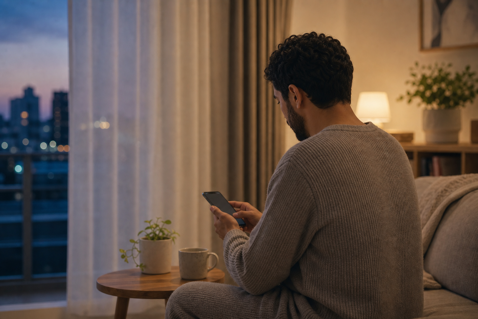 At dusk, a person checks a phone from a sofa beside a softly lit city window