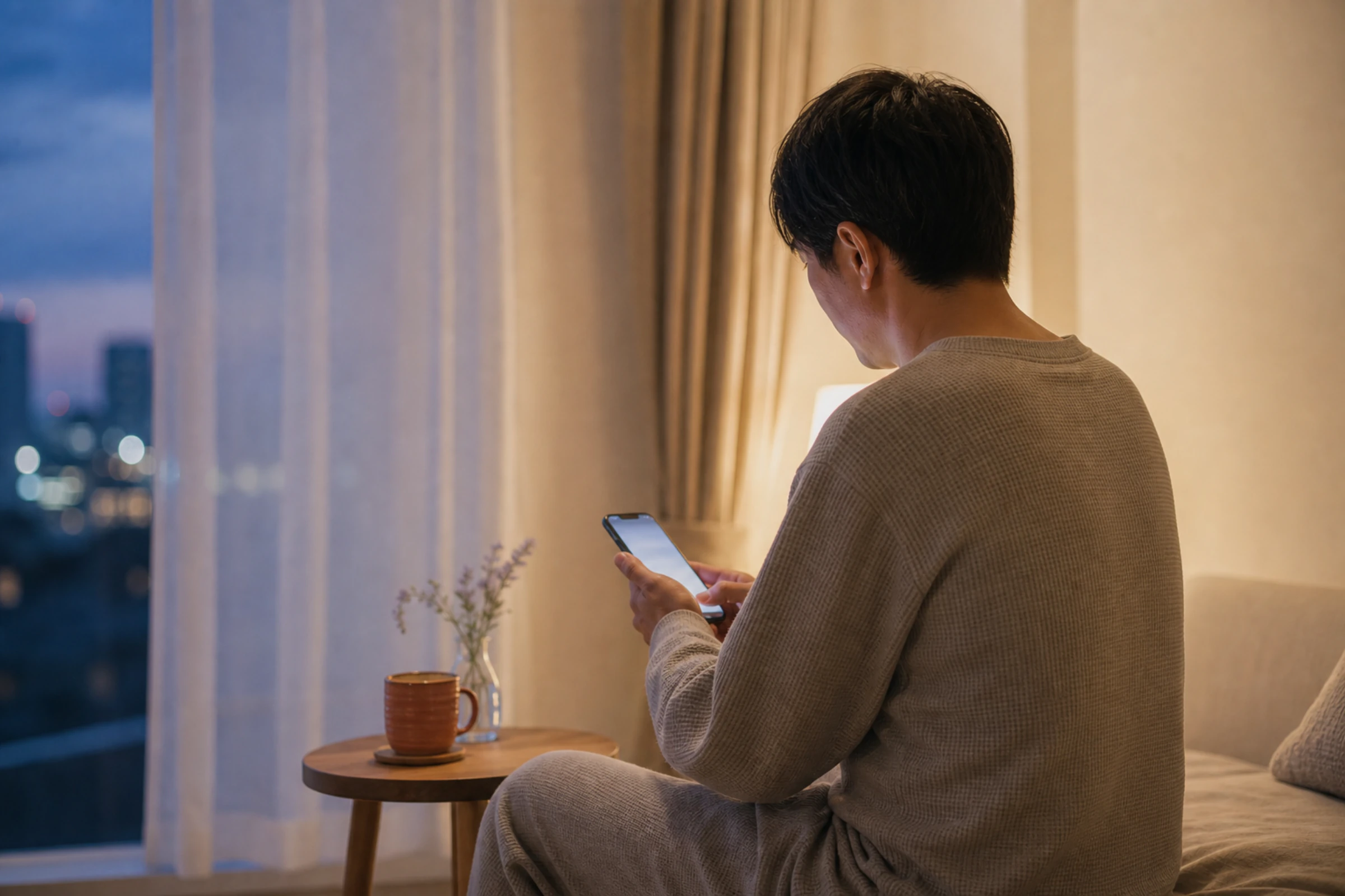夜の部屋で、窓の外の夜景を背にスマホを見るひとり