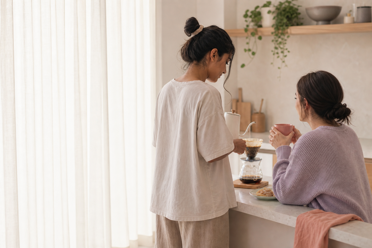 Two partners share a quiet morning while making coffee in their kitchen