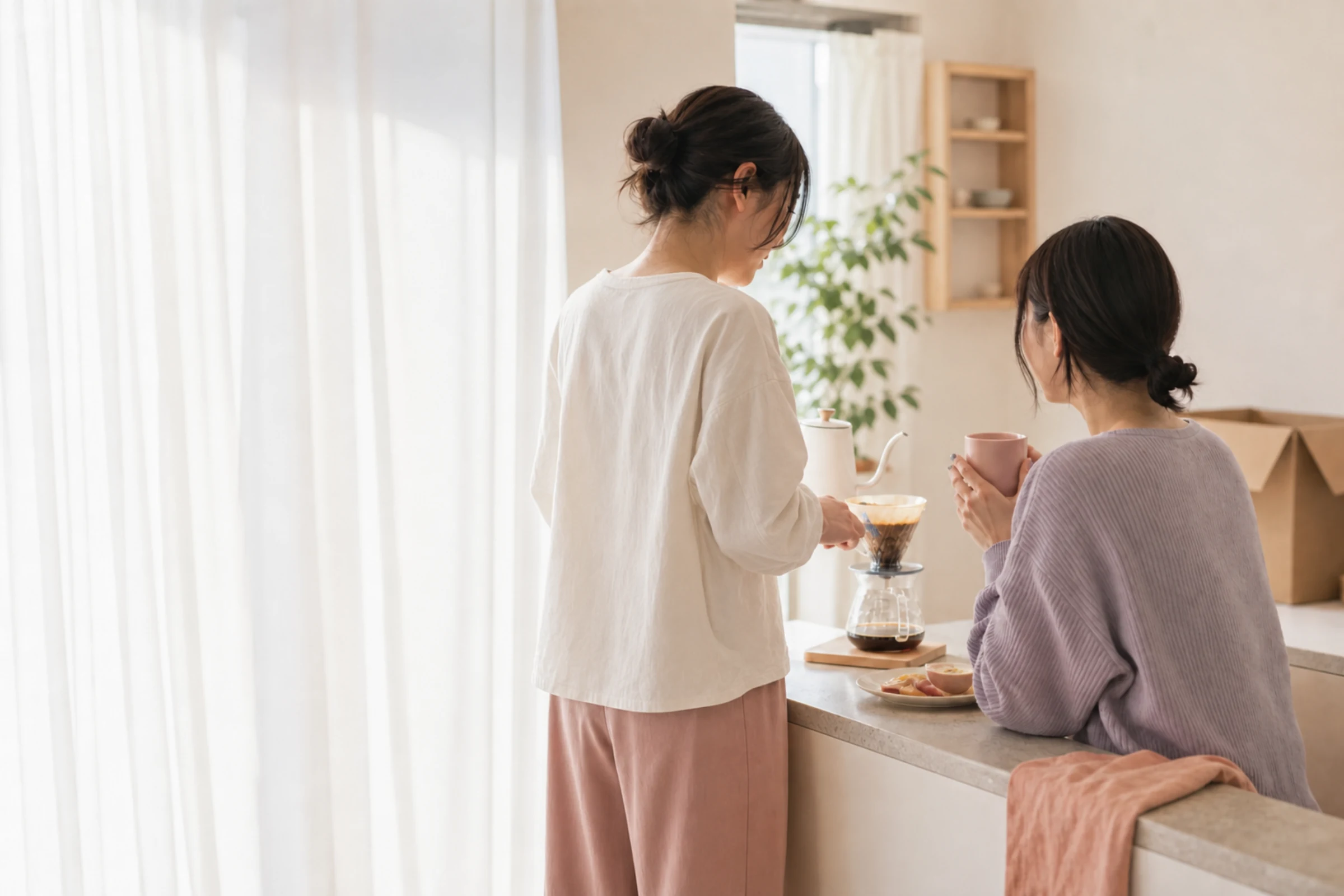 朝のキッチンで、コーヒーを淹れながら並ぶふたり